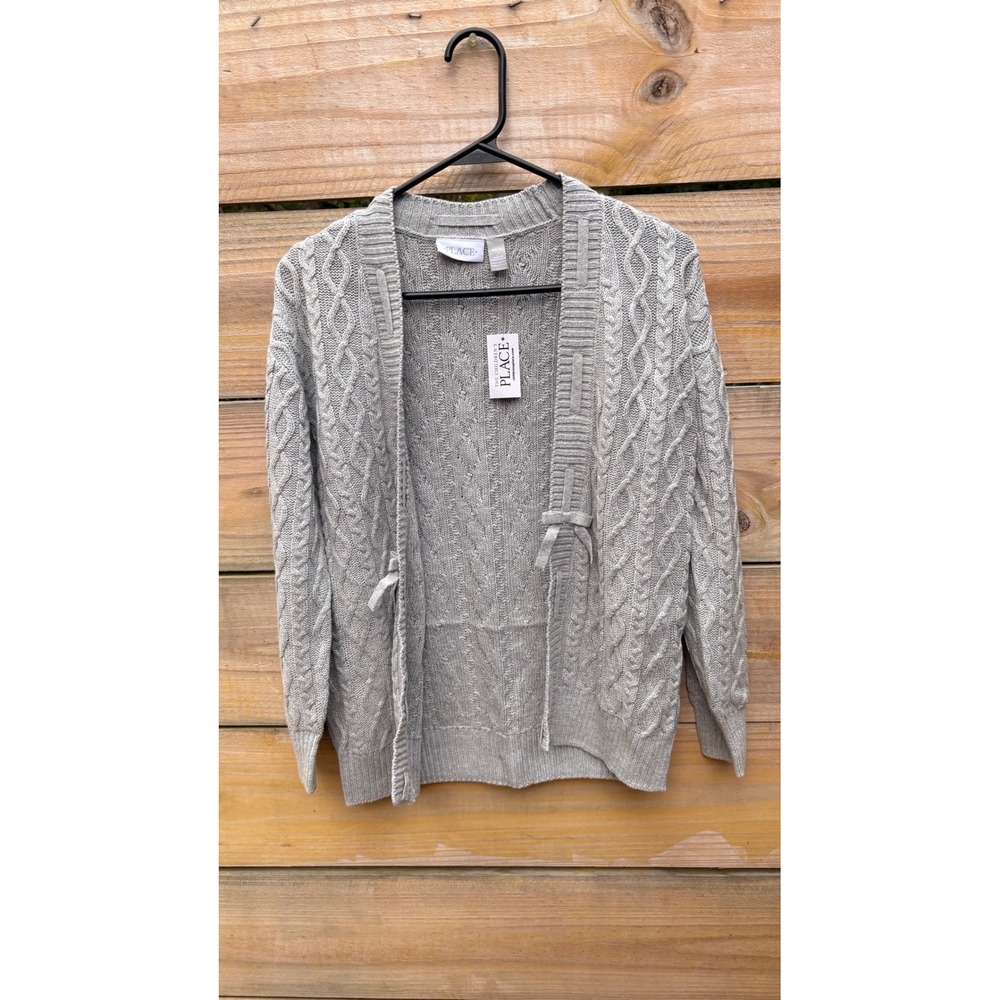 The Childrens Place Girls Gray Cable Knit Cardigan Sweater Bows Size 10/12 Large